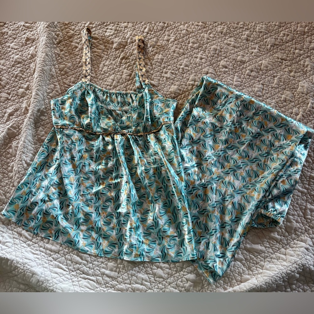 VTG Oscar De La Renta Pink Label Satin PJ Set Y2K Babydoll Top Capri Pant Sz Med